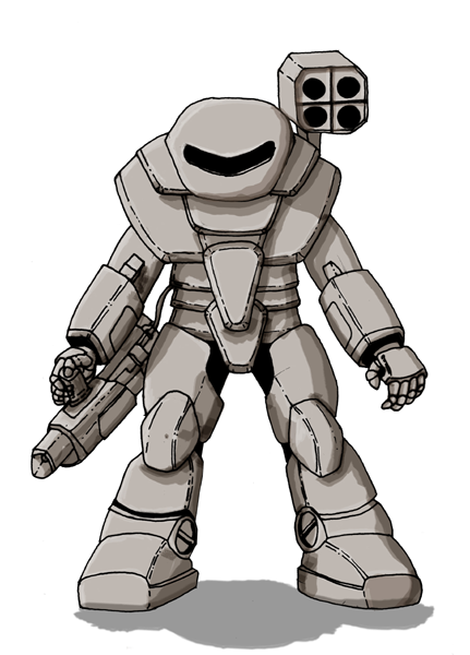 Standard powered armor battle suit for humans, Yazarians and Dralasites